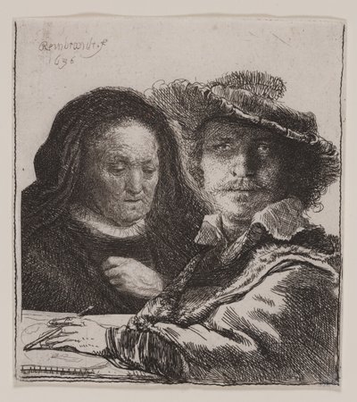 Selvportrett med kunstnerens mor av Rembrandt van Rijn