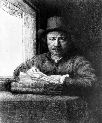 Selvportrett mens du tegner av Rembrandt van Rijn