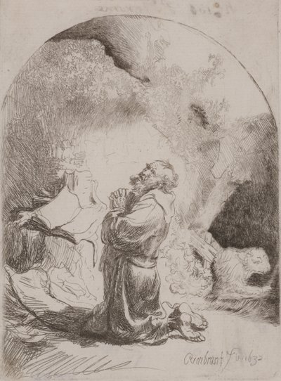 St. Hieronymus ber: buet trykk av Rembrandt van Rijn