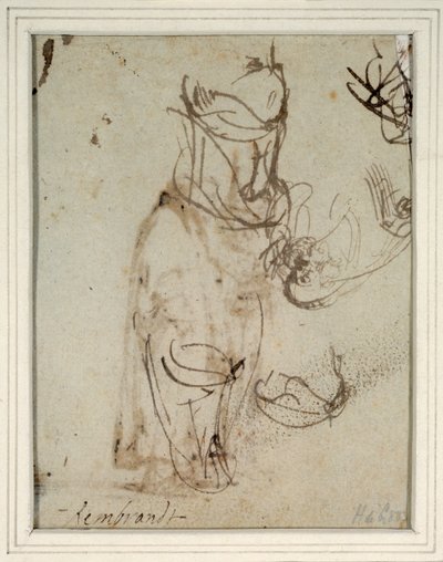 Studier av en høy hodeplagg; og av et hode snudd fra recto (penn og blekk på papir) (verso av 2636119) av Rembrandt Harmensz. van Rijn