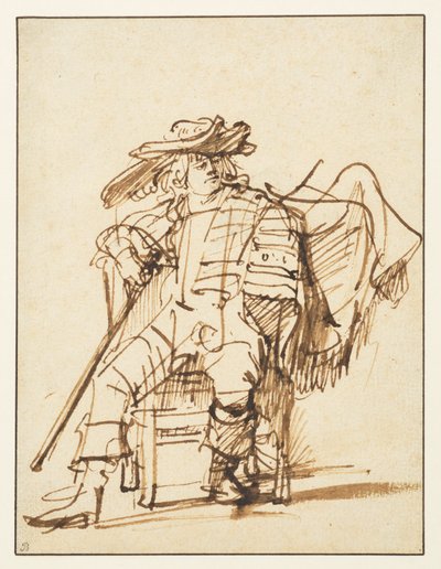 Studie av en sittende skuespiller i en plymet hatt - Capitano fra Commedia dell"Arte, recto, 1636-c.1638 av Rembrandt van Rijn