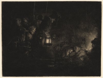 The Adoration of the Shepherds: A Night Piece, ca. 1657 (etsing, tørrpunkt og graving i svart på elfenbensfarget papir) av Rembrandt Harmensz. van Rijn
