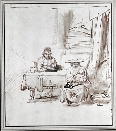 Den hellige familie. Penn- og blekktegning (tegning) av Rembrandt Harmensz. van Rijn