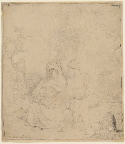 Resten på flukten til Egypt: Lett etset av Rembrandt Harmensz. van Rijn
