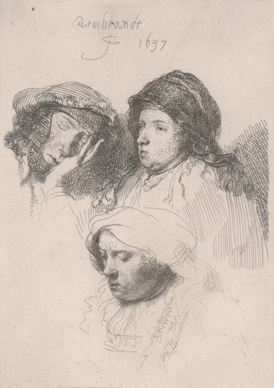 Tre kvinners hoder, en sover av Rembrandt van Rijn