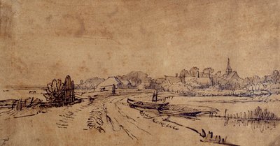 Utsikt over Sloten, ca. 1650 (penn og blekk med brun vask på papir) av Rembrandt Harmensz. van Rijn