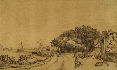 Utsikt over Amstel: veien på Amsteldijk som fører til Trompenburg, ca. 1649-50 (penn og blekk med brun vask og hvit kroppsfarge på papir) av Rembrandt Harmensz. van Rijn