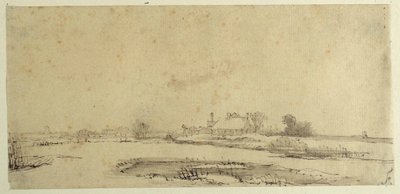 Vann, enger og en gård (penn og blekk på papir) av Rembrandt Harmensz. van Rijn