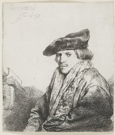 Ung mann i fløyelshette med bøker ved siden av seg av Rembrandt van Rijn