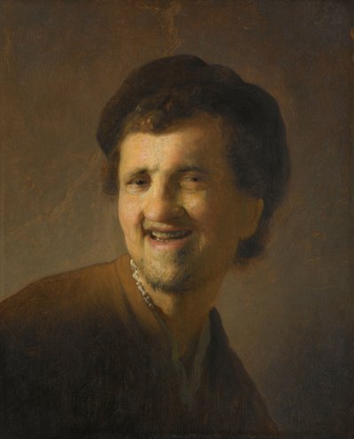 Leende ung mann Byste av en leende ung mann av Rembrandt van Rijn (circle of)