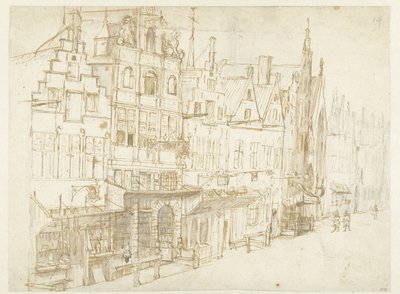 Utsikt over en rad med hus i en by av Rembrandt van Rijn (school of)
