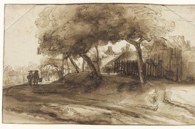 Hus og trær på en dike av Rembrandt van Rijn (school of)