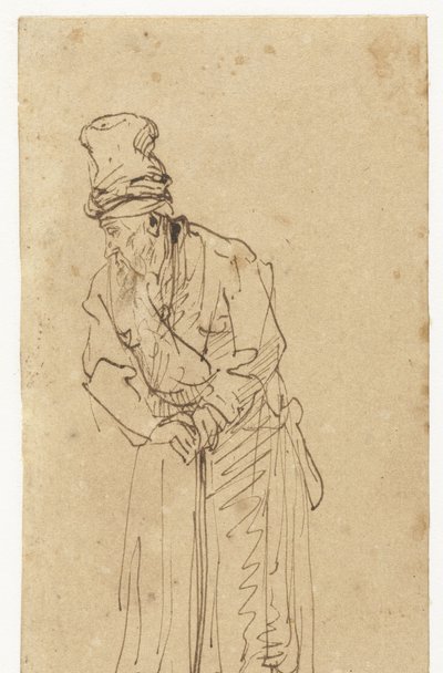 Gammel mann lener seg på en pinne av Rembrandt van Rijn (school of)