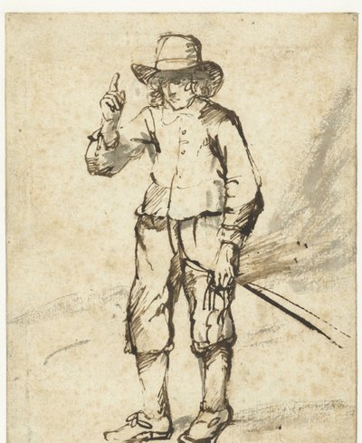 Stående gutt som holder en pisk og løfter høyre hånd av Rembrandt van Rijn (school of)