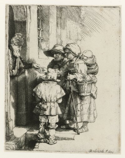 En blind gurdy-spiller og hans familie En blind løpebanespiller og familie som mottar almisser av Rembrandt van Rijn