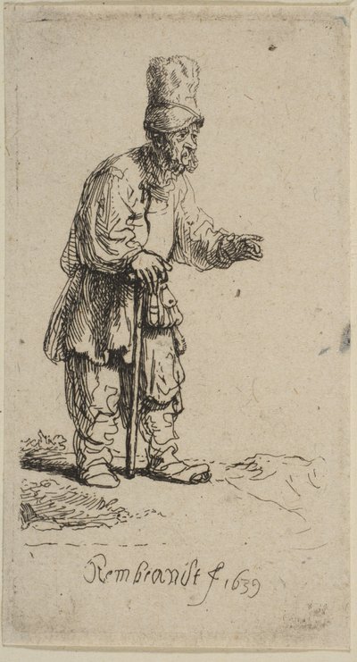 En bonde med høy lue, stående lent på en pinne, 1639. av Rembrandt van Rijn
