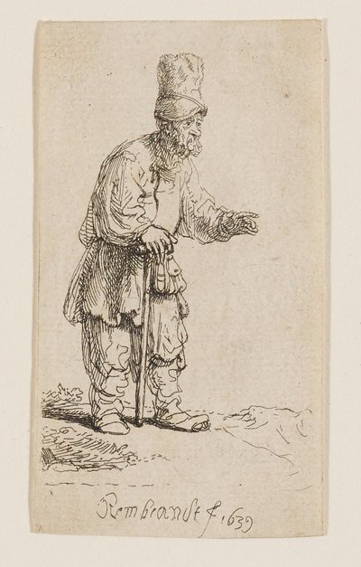 En bonde med høy lue, stående og lent mot en stokk av Rembrandt van Rijn