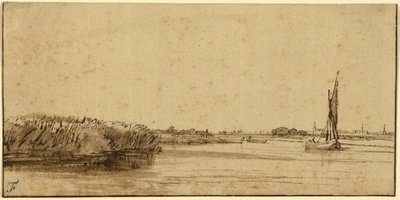 A Sailing Boat on a Wide Expanse of Water, ca. 1650 (penn og brunt blekk og brun vask, på tonet papir) av Rembrandt van Rijn