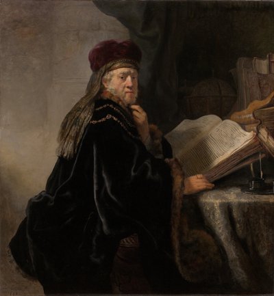 En lærd som sitter ved en pultstipendiat ved studiet av Rembrandt van Rijn