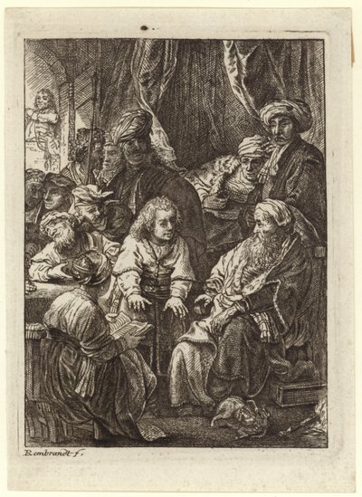 En mengde mennesker samlet seg rundt en sittende gammel mann av Rembrandt van Rijn
