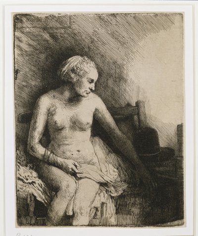 En kvinne ved badet med en hatt ved siden av seg, 1658 av Rembrandt van Rijn