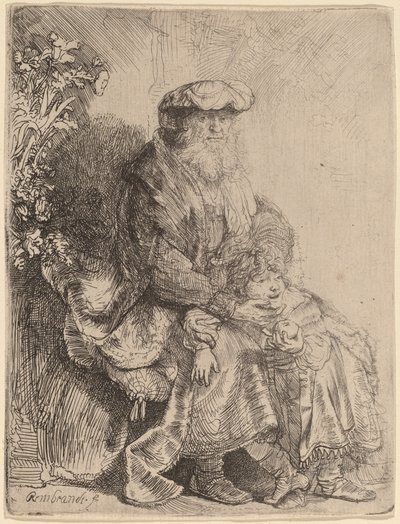Abraham kjærtegner Isak av Rembrandt van Rijn