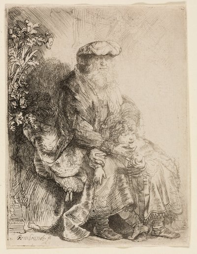 Abraham kjærtegner Isak av Rembrandt van Rijn
