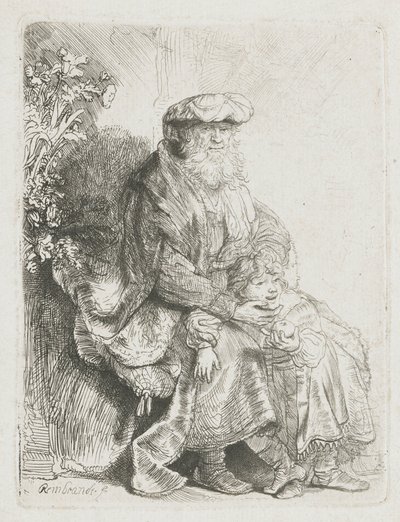Abraham kjærtegner Isak Jakob kjærtegner Benjamin av Rembrandt van Rijn