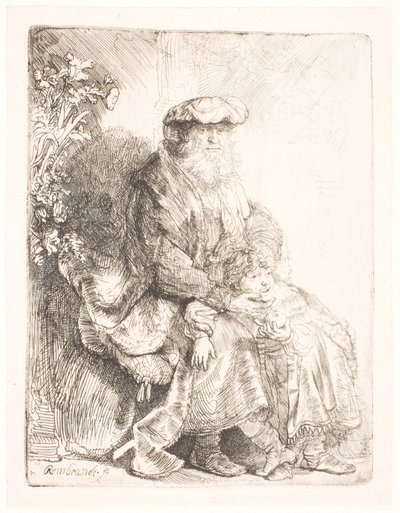 Abraham kjærtegner Isak av Rembrandt van Rijn