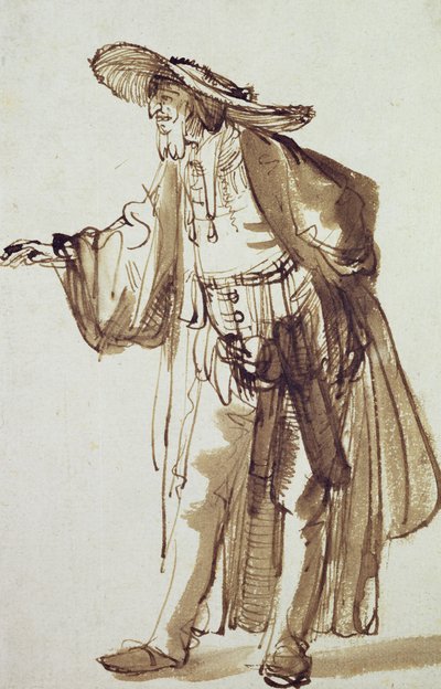 Skuespiller med bredbremmet hatt (penn- og blekkvask på papir) av Rembrandt van Rijn