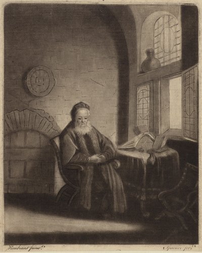 En eldre skjeggete filosof som sitter ved et skrivebord foran et vindu av Rembrandt van Rijn