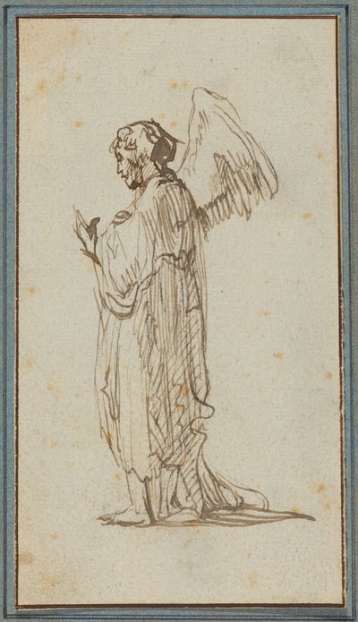 Engel som står (penn og brunt blekk over spor av kull på liggende papir) av Rembrandt van Rijn