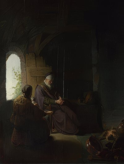 Anna og den blinde Tobit. Rundt 1630 av Rembrandt van Rijn