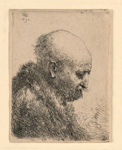 Skallet hode mann i profil høyre: liten byste; Kunstnerens far? av Rembrandt van Rijn