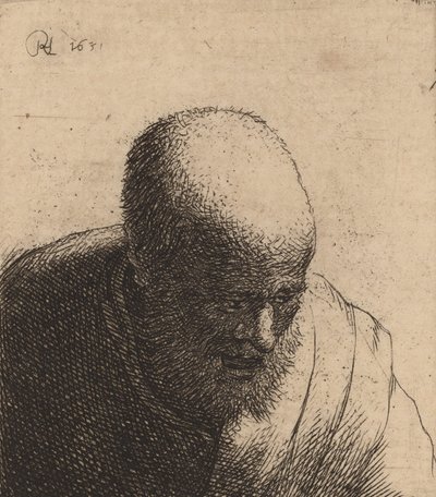 Skallet mann med åpen munn, ser ned, ca. 1630. av Rembrandt van Rijn
