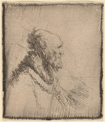 Skallet gammel mann med kort skjegg i profil av Rembrandt van Rijn