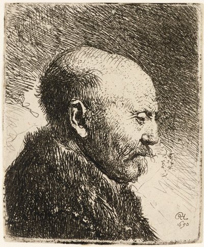 Skallet mann i profil til høyre: Rembrandts far 1630. av Rembrandt van Rijn