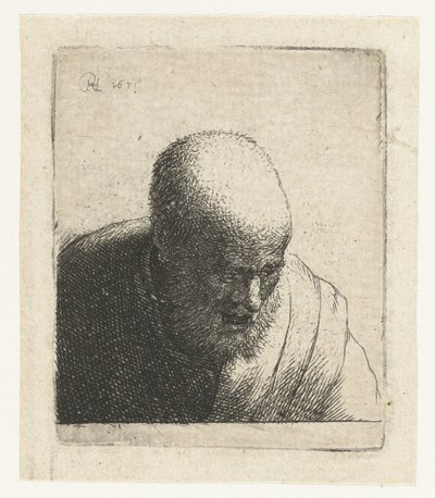 Skallet mann med åpen munn, ser ned: byste av Rembrandt van Rijn