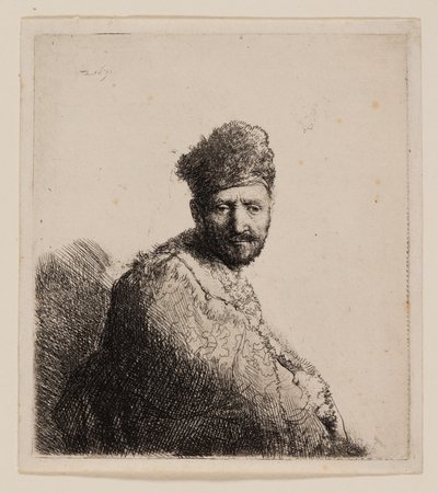 Skjegget mann, i orientalsk lue og kappe av Rembrandt van Rijn