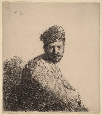 En skjegget mann med en pelsforet orientalsk lue og kappe: kunstnerens far av Rembrandt van Rijn