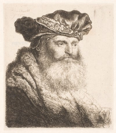 Skjeggete mann iført en fløyelshette med juvellås av Rembrandt van Rijn