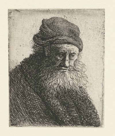 Skjeggete mann med kort bølget hår: byste av Rembrandt van Rijn