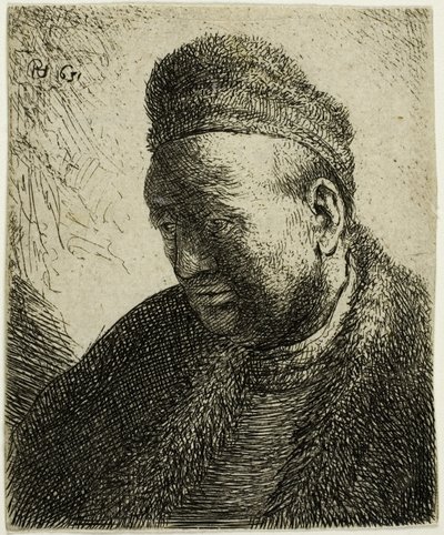 Skjeggløs mann i en pelskappe og lue: Byste av Rembrandt van Rijn