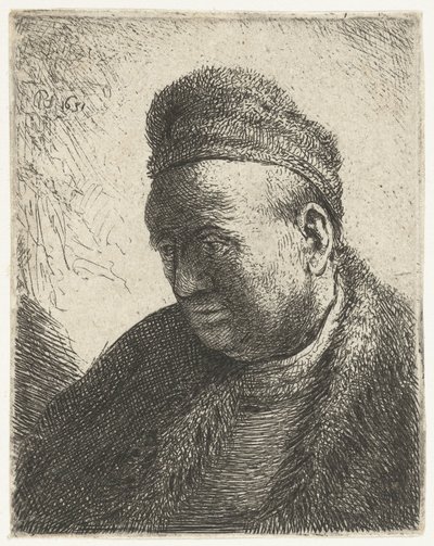 Skjeggløs mann i pelskappe og lue: byste av Rembrandt van Rijn