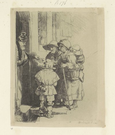 Tiggerfamilie mottar almisser ved døren til et hus. Recueil de quatre-vingt-cinq estampes originales (serietittel) av Rembrandt van Rijn