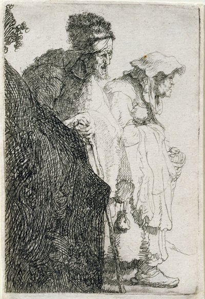 Tiggermann og kvinne bak en bank, ca. 1630 av Rembrandt van Rijn