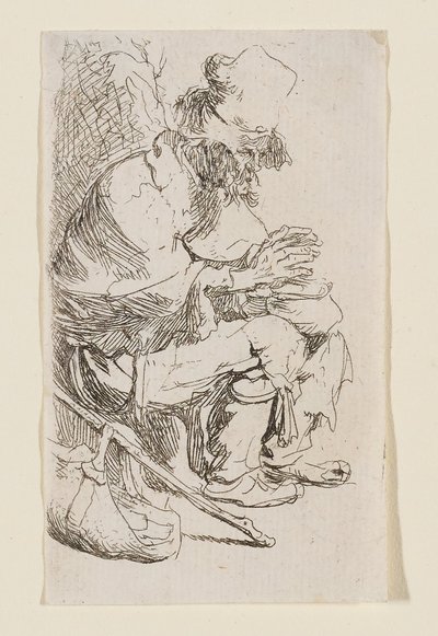 Sittende tigger som varmer hendene ved et varmefat av Rembrandt van Rijn