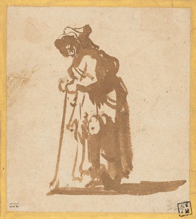 Tiggerkvinne lener seg på en pinne av Rembrandt van Rijn