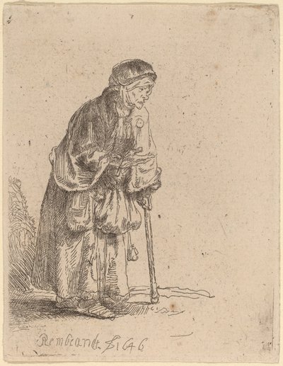 Tiggerkvinne lener seg på en pinne av Rembrandt van Rijn