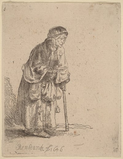 En tiggerkvinne som støtter seg til en stokk av Rembrandt van Rijn
